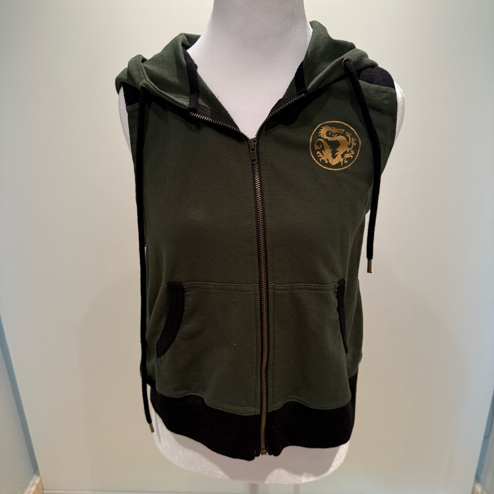 Green and Black Sleeveless Hoodie with Gold Dragon Emblem